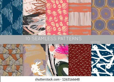 Collection of seamless patterns. Abstract design elements in set. Doodles with crayon and grunge texture roughly hand drawn.