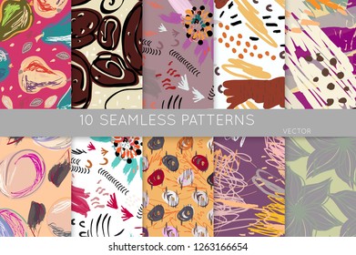 Collection of seamless patterns. Abstract design elements in set. Doodles with crayon and grunge texture roughly hand drawn.
