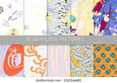 Collection of seamless patterns. Abstract design elements in set. Doodles with crayon and grunge texture roughly hand drawn.