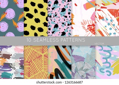 Collection of seamless patterns. Abstract design elements in set. Doodles with crayon and grunge texture roughly hand drawn.