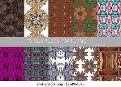 Collection of seamless patterns. Abstract design elements in set. Colored decorative repainting background with tribal and ethnic motifs 