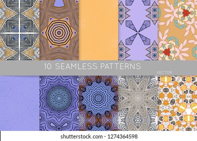 Collection of seamless patterns. Abstract design elements in set. Colored decorative repainting background with tribal and ethnic motifs 