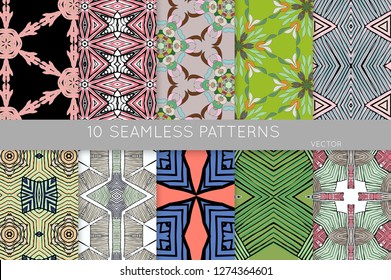 Collection of seamless patterns. Abstract design elements in set. Colored decorative repainting background with tribal and ethnic motifs 