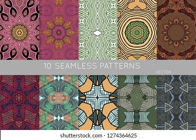 Collection of seamless patterns. Abstract design elements in set. Colored decorative repainting background with tribal and ethnic motifs 