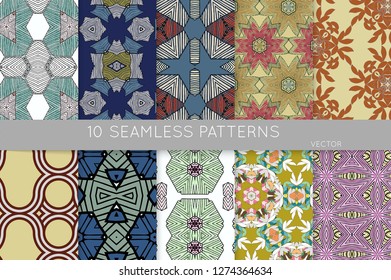 Collection of seamless patterns. Abstract design elements in set. Colored decorative repainting background with tribal and ethnic motifs 