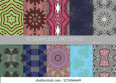 Collection of seamless patterns. Abstract design elements in set. Colored decorative repainting background with tribal and ethnic motifs 