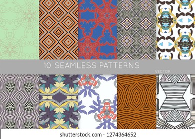 Collection of seamless patterns. Abstract design elements in set. Colored decorative repainting background with tribal and ethnic motifs 
