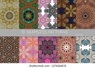 Collection of seamless patterns. Abstract design elements in set. Colored decorative repainting background with tribal and ethnic motifs 