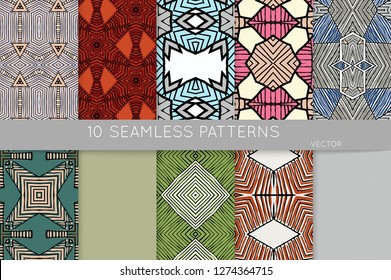 Collection of seamless patterns. Abstract design elements in set. Colored decorative repainting background with tribal and ethnic motifs 