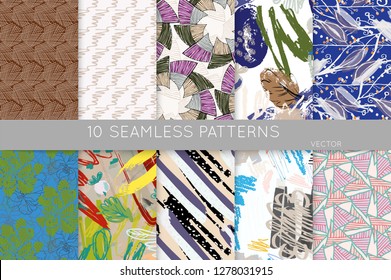 Collection of seamless patterns. Abstract design elements in set. Doodles with crayon and grunge texture roughly hand drawn.