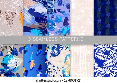 Collection of seamless patterns. Abstract design elements in set. Doodles with crayon and grunge texture roughly hand drawn.