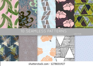 Collection of seamless patterns. Abstract design elements in set. Doodles with crayon and grunge texture roughly hand drawn.
