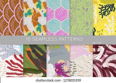 Collection of seamless patterns. Abstract design elements in set. Doodles with crayon and grunge texture roughly hand drawn.