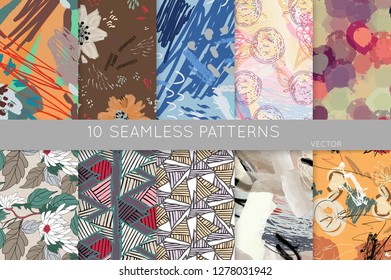 Collection of seamless patterns. Abstract design elements in set. Doodles with crayon and grunge texture roughly hand drawn.