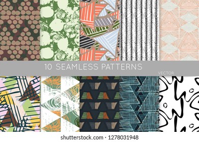 Collection of seamless patterns. Abstract design elements in set. Doodles with crayon and grunge texture roughly hand drawn.