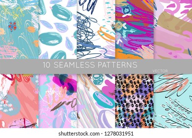 Collection of seamless patterns. Abstract design elements in set. Doodles with crayon and grunge texture roughly hand drawn.