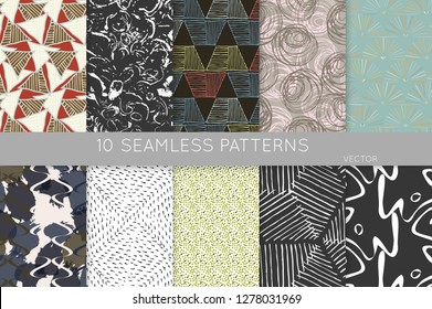 Collection of seamless patterns. Abstract design elements in set. Doodles with crayon and grunge texture roughly hand drawn.