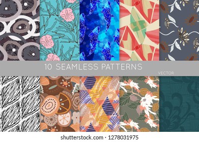 Collection of seamless patterns. Abstract design elements in set. Doodles with crayon and grunge texture roughly hand drawn.