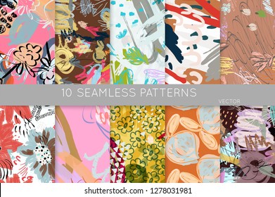 Collection of seamless patterns. Abstract design elements in set. Doodles with crayon and grunge texture roughly hand drawn.