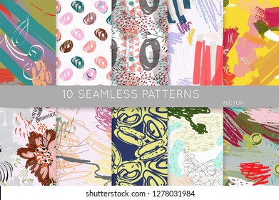 Collection of seamless patterns. Abstract design elements in set. Doodles with crayon and grunge texture roughly hand drawn.