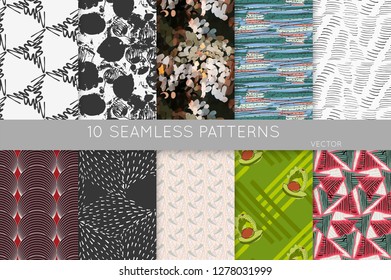 Collection of seamless patterns. Abstract design elements in set. Doodles with crayon and grunge texture roughly hand drawn.