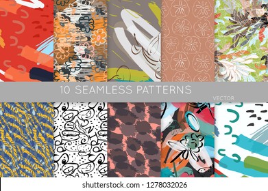 Collection of seamless patterns. Abstract design elements in set. Doodles with crayon and grunge texture roughly hand drawn.