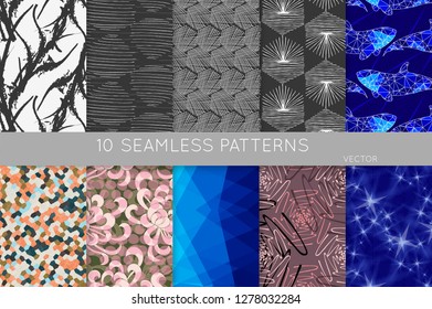 Collection of seamless patterns. Abstract design elements in set. Doodles with crayon and grunge texture roughly hand drawn.