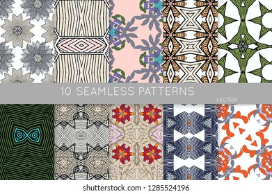Collection of seamless patterns. Abstract design elements in set. Colored decorative repainting background with tribal and ethnic motifs 