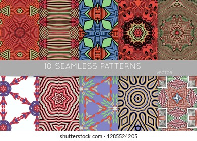 Collection of seamless patterns. Abstract design elements in set. Colored decorative repainting background with tribal and ethnic motifs 