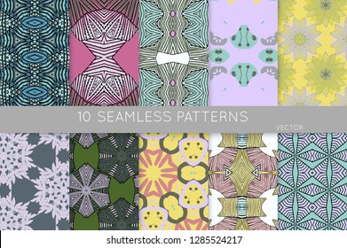 Collection of seamless patterns. Abstract design elements in set. Colored decorative repainting background with tribal and ethnic motifs 