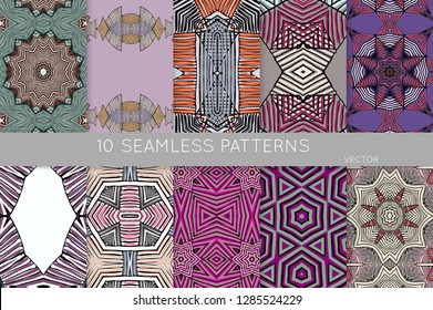Collection of seamless patterns. Abstract design elements in set. Colored decorative repainting background with tribal and ethnic motifs 