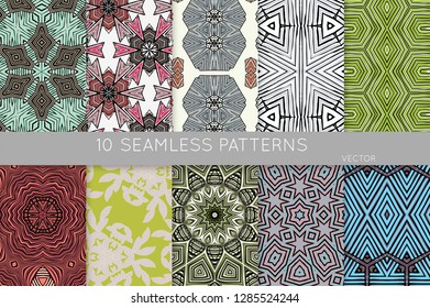 Collection of seamless patterns. Abstract design elements in set. Colored decorative repainting background with tribal and ethnic motifs 