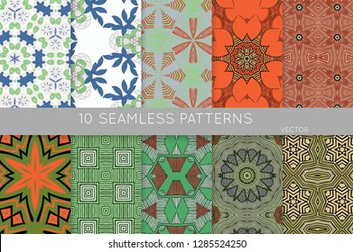 Collection of seamless patterns. Abstract design elements in set. Colored decorative repainting background with tribal and ethnic motifs 