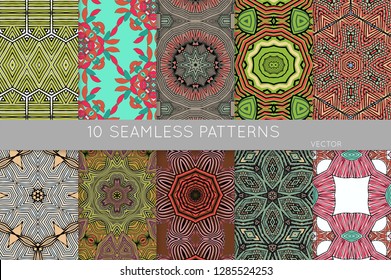 Collection of seamless patterns. Abstract design elements in set. Colored decorative repainting background with tribal and ethnic motifs 