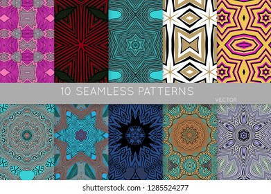 Collection of seamless patterns. Abstract design elements in set. Colored decorative repainting background with tribal and ethnic motifs 
