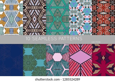 Collection of seamless patterns. Abstract design elements in set. Colored decorative repainting background with tribal and ethnic motifs 