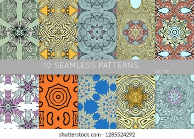Collection of seamless patterns. Abstract design elements in set. Colored decorative repainting background with tribal and ethnic motifs 