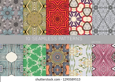 Collection of seamless patterns. Abstract design elements in set. Colored decorative repainting background with tribal and ethnic motifs 
