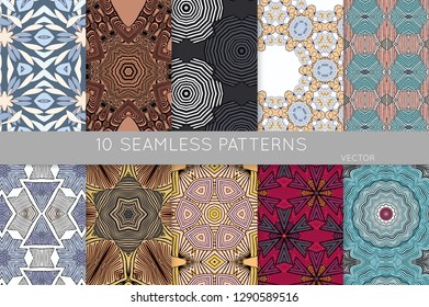 Collection of seamless patterns. Abstract design elements in set. Colored decorative repainting background with tribal and ethnic motifs 