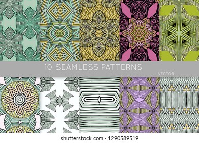 Collection of seamless patterns. Abstract design elements in set. Colored decorative repainting background with tribal and ethnic motifs 