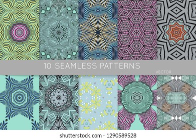 Collection of seamless patterns. Abstract design elements in set. Colored decorative repainting background with tribal and ethnic motifs 