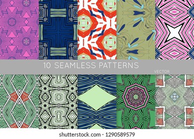 Collection of seamless patterns. Abstract design elements in set. Colored decorative repainting background with tribal and ethnic motifs 