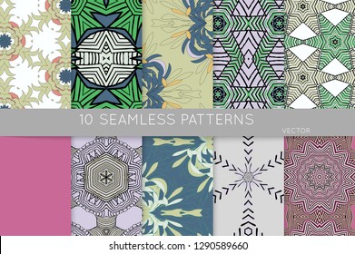 Collection of seamless patterns. Abstract design elements in set. Colored decorative repainting background with tribal and ethnic motifs 