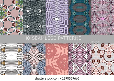 Collection of seamless patterns. Abstract design elements in set. Colored decorative repainting background with tribal and ethnic motifs 