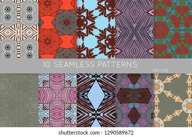 Collection of seamless patterns. Abstract design elements in set. Colored decorative repainting background with tribal and ethnic motifs 