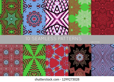 Collection of seamless patterns. Abstract design elements in set. Colored decorative repainting background with tribal and ethnic motifs 