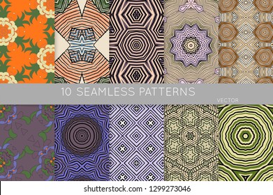 Collection of seamless patterns. Abstract design elements in set. Colored decorative repainting background with tribal and ethnic motifs 