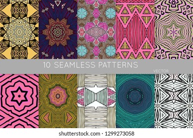 Collection of seamless patterns. Abstract design elements in set. Colored decorative repainting background with tribal and ethnic motifs 
