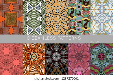 Collection of seamless patterns. Abstract design elements in set. Colored decorative repainting background with tribal and ethnic motifs 