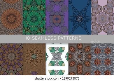 Collection of seamless patterns. Abstract design elements in set. Colored decorative repainting background with tribal and ethnic motifs 